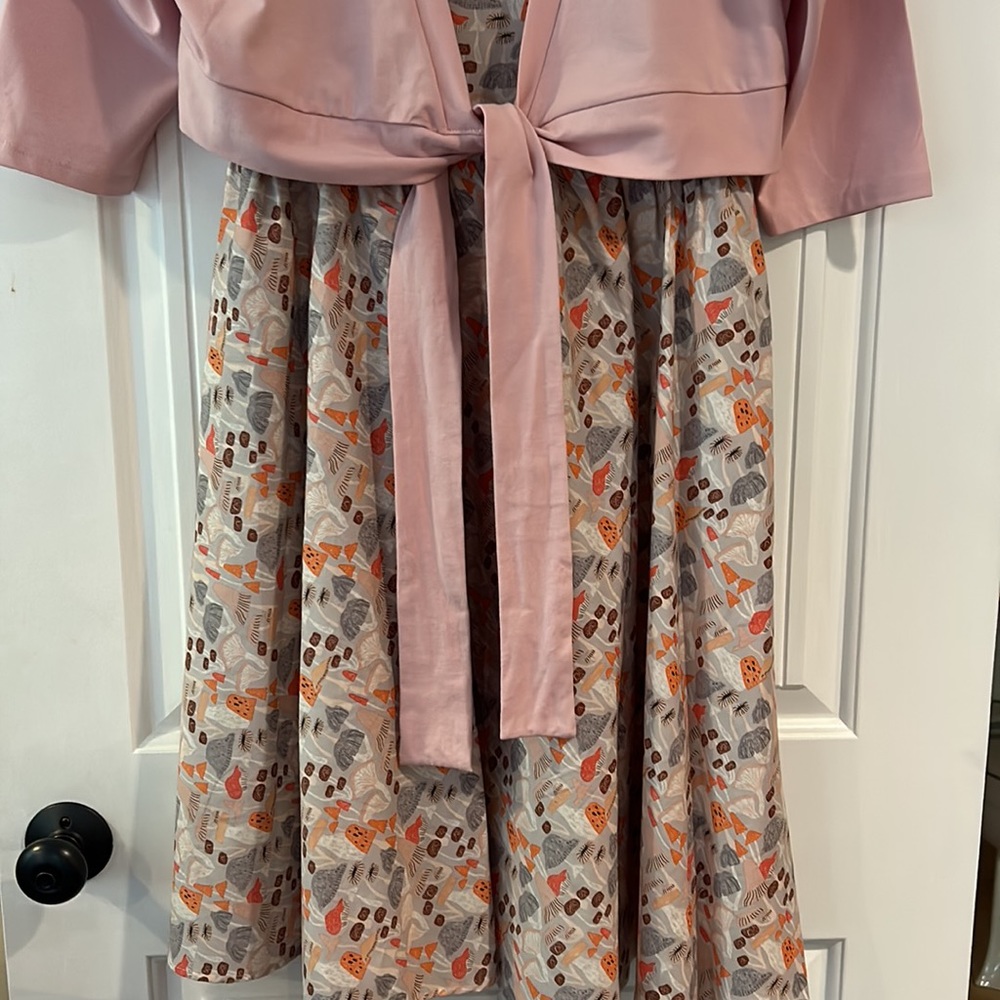 Retrolicious Mushroom Pocketed Dress With Pink Wrap Cardigan - Picture 13 of 16